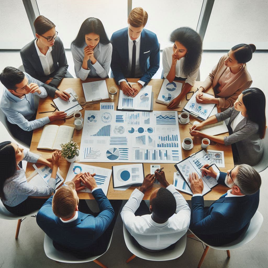 Mitarbeiter und Kunden sitzen zusammen an einem Tisch und beraten das weitere vorgehen für den Umbau eines Krankenhauses.