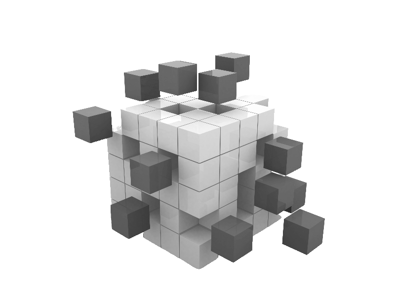 Ein Würfel der sich aus vielen anderen Würfeln zusammensetzt als Synonym für eine modulare Bauweise im Gesundheitswesen.