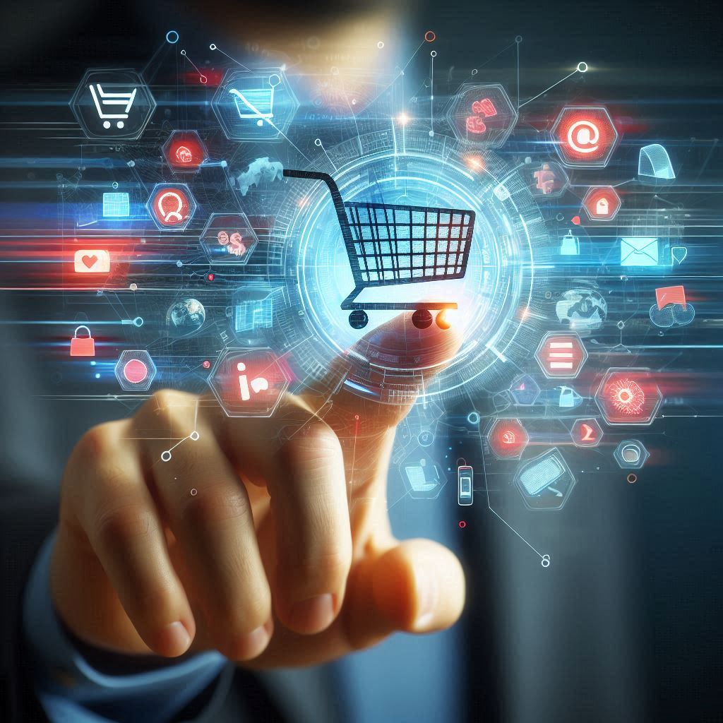 Ein Finger klickt auf einem Warenkorbsymbol zur Beschaffung von Möbel für den Innenausbau im Gesundheitswesen.